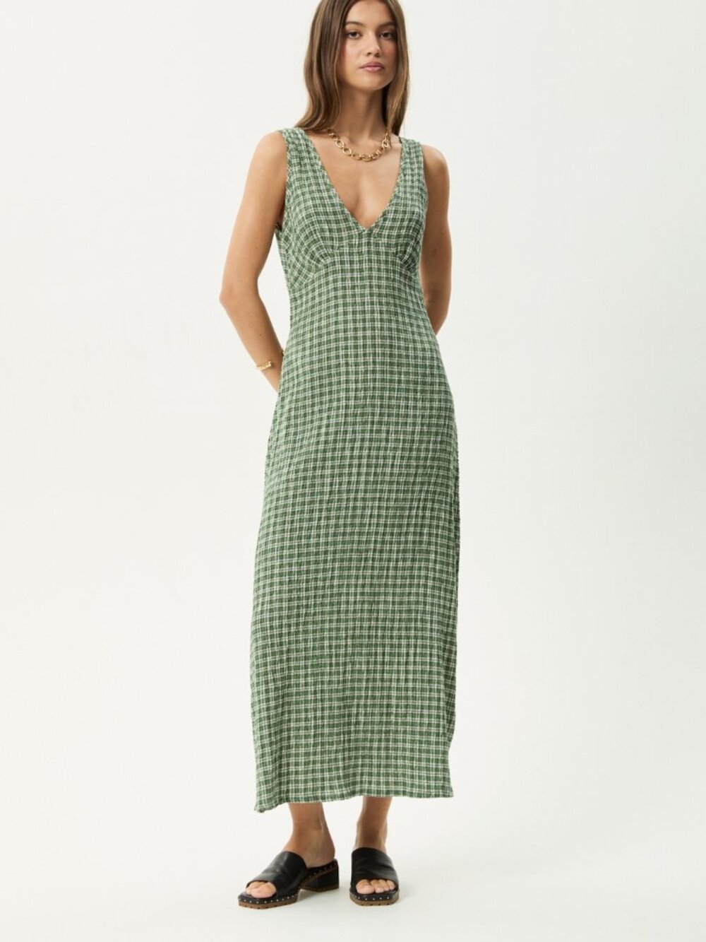 Afends Tully Seersucker Maxi Dress - Base Deep Green Check - Size Medium